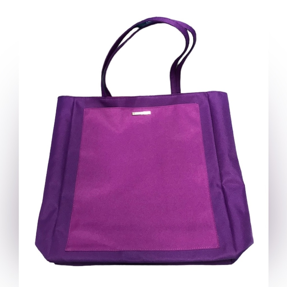 NWOT Clinique Two-toned Purple Fuchsia Colorblock Canvas Tote Bag Front Pocket